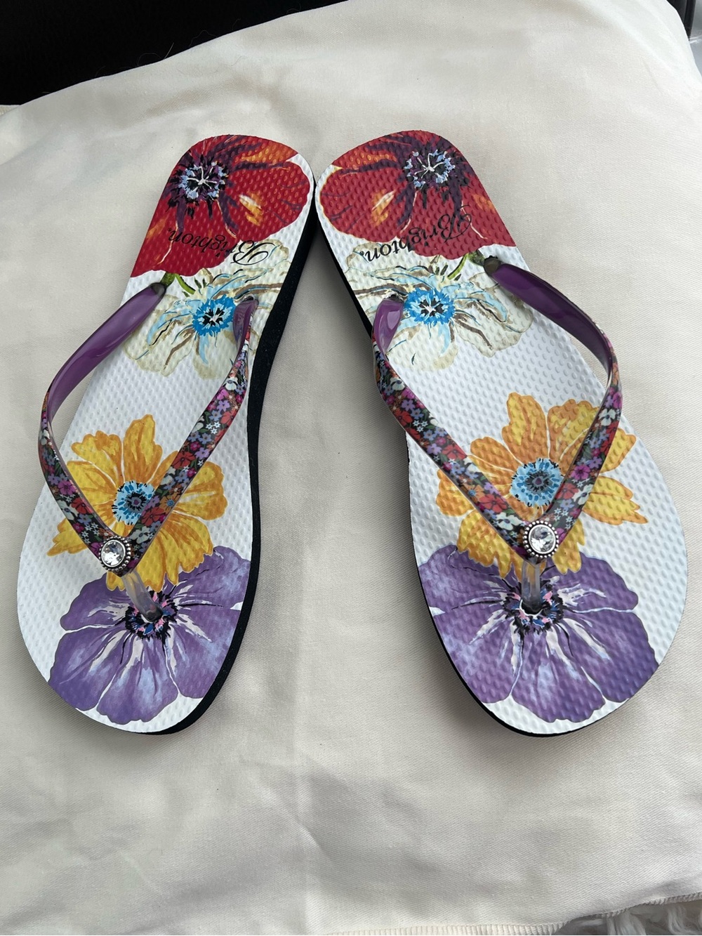 Brighton Floral Flip Flop Sandals in Purple, Yellow & Red